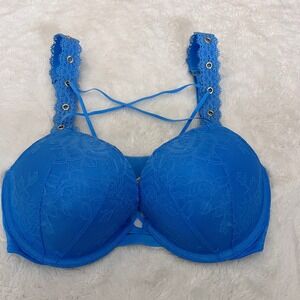 Victoria Secret Women's Very Sexy Push-Up Bra Blue Floral Lace Grommet 32DD NWT